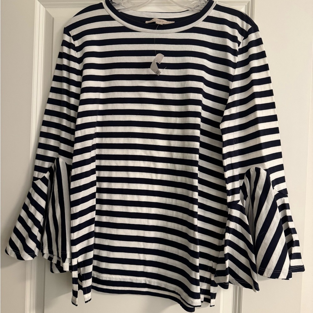 LOFT Navy and White Striped Long Sleeve Top
